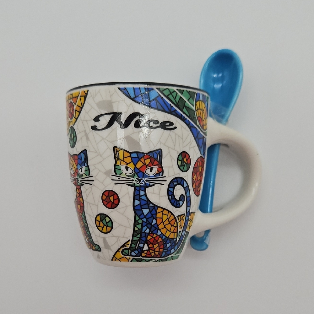 Colorful Cat Mosaic Espresso Cup with Spoon